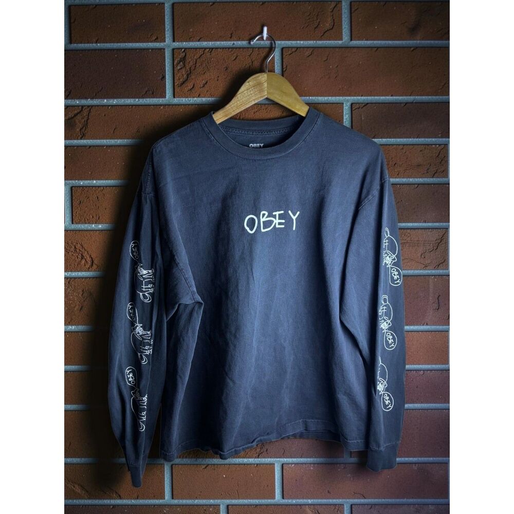 OBEY Graphic Long Sleeve T Shirt Men’s XL Faded Black Front Back Sleeve Print